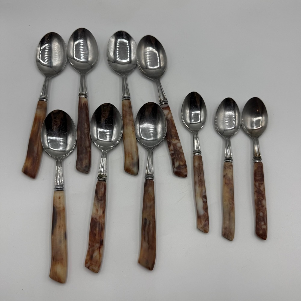 Vintage MB Japan Bakelite Marbled Brown Stainless Steel Spoons Set of 10 MCM
